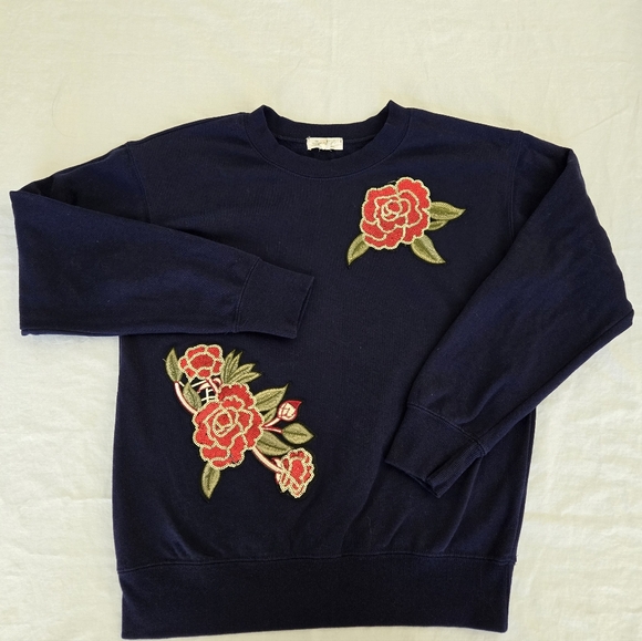 Navy Blue Sweatshirt with Red Floral Embroidery And Sequins - Picture 1 of 8